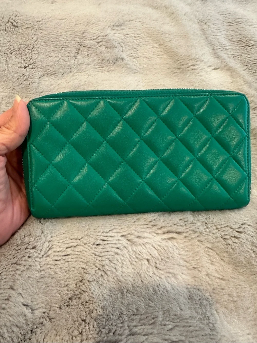 CHANEL Green Quilted Zip Wallet with Silver CC